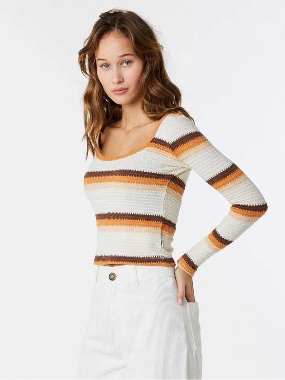 Rip Curl Striped Crochet Top in Cream, Orange & Brown Size Medium